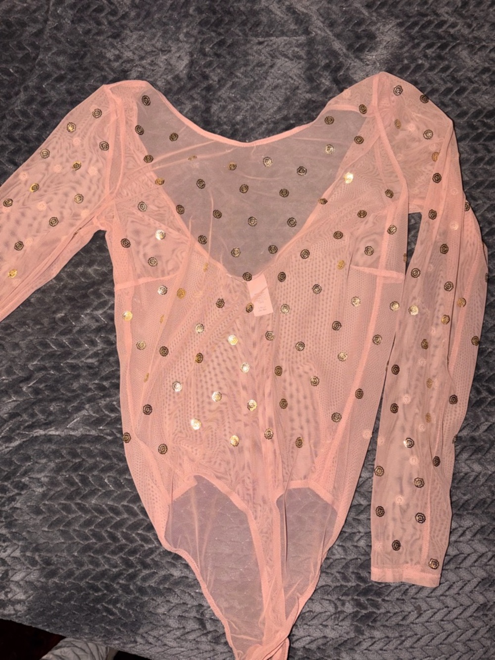 VICTORIAS SECRET Sheer Pink Mesh Bodysuit with Gold polka dots